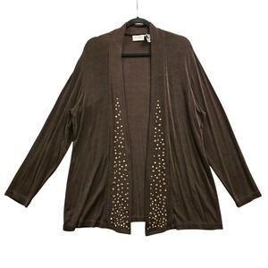 Chicos Travelers Cardigan XL Brown Good Studded Ribbed Open Front Long Sleeve